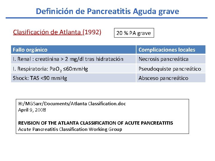 Definición de Pancreatitis Aguda grave Clasificación de Atlanta (1992) 20 % PA grave Fallo
