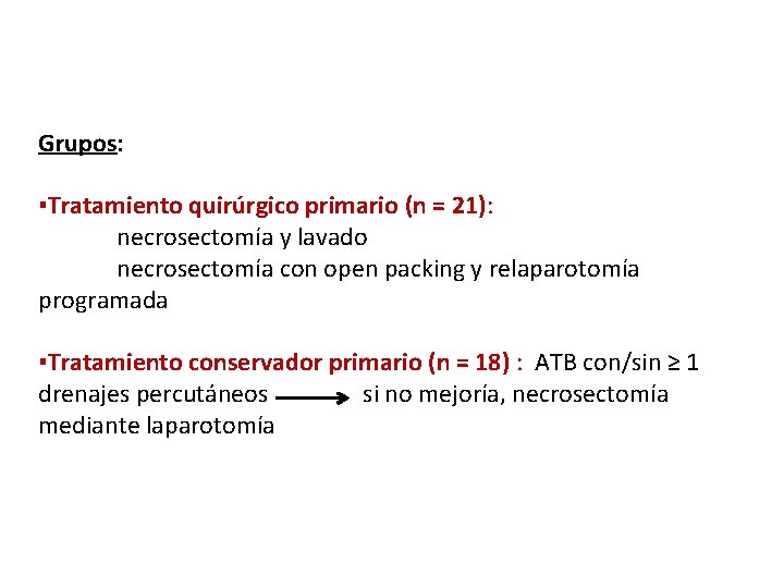 Grupos: ▪Tratamiento quirúrgico primario (n = 21): necrosectomía y lavado necrosectomía con open packing