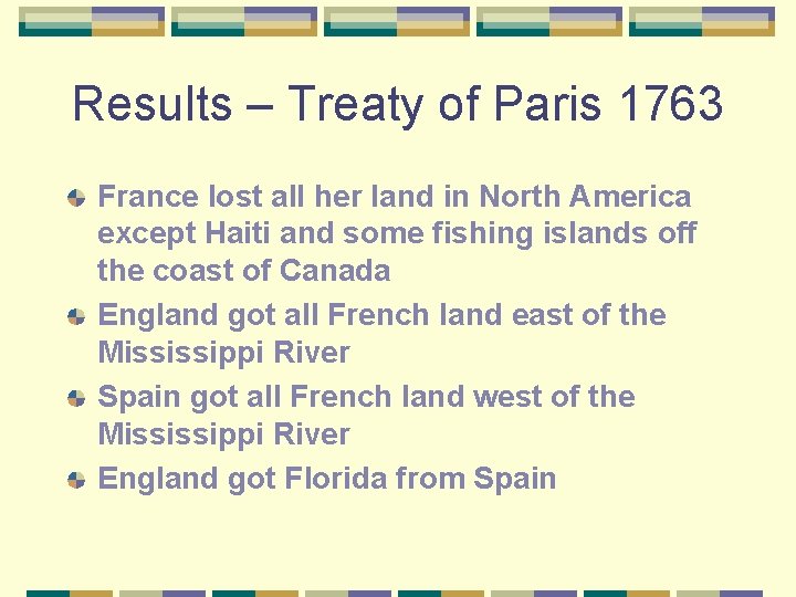 Results – Treaty of Paris 1763 France lost all her land in North America