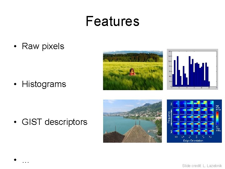 Features • Raw pixels • Histograms • GIST descriptors • … Slide credit: L.