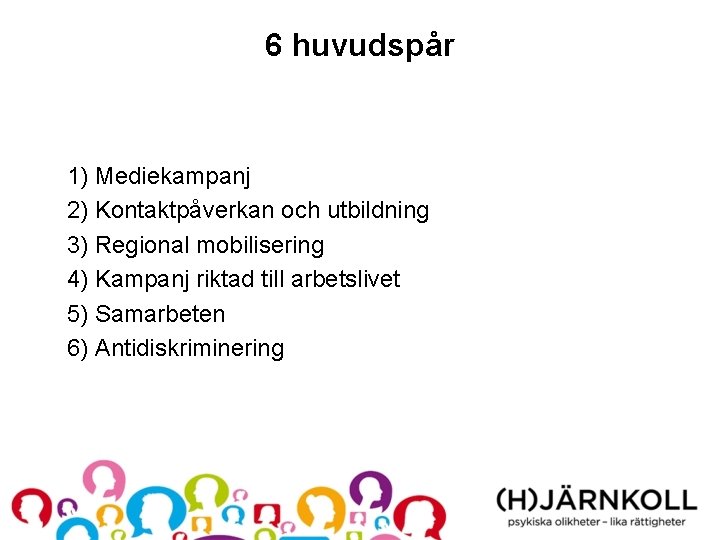 6 huvudspår 1) Mediekampanj 2) Kontaktpåverkan och utbildning 3) Regional mobilisering 4) Kampanj riktad