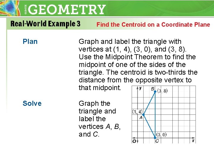 Find the Centroid on a Coordinate Plan Graph and label the triangle with vertices