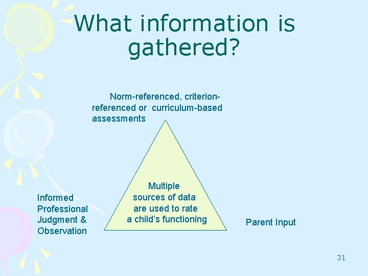 What information is gathered? Norm-referenced, criterionreferenced or curriculum-based assessments Informed Professional Judgment & Observation