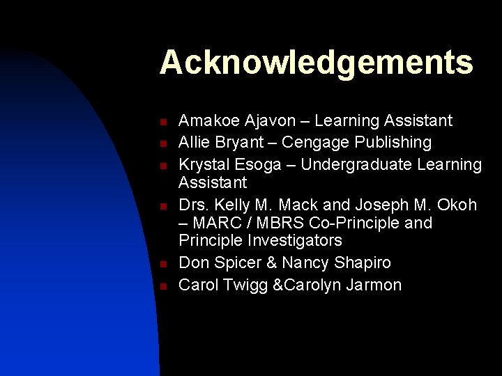 Acknowledgements n n n Amakoe Ajavon – Learning Assistant Allie Bryant – Cengage Publishing