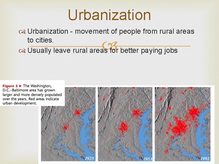 Urbanization - movement of people from rural areas to cities. Usually leave rural areas