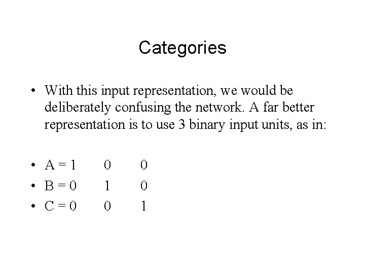 Categories • With this input representation, we would be deliberately confusing the network. A