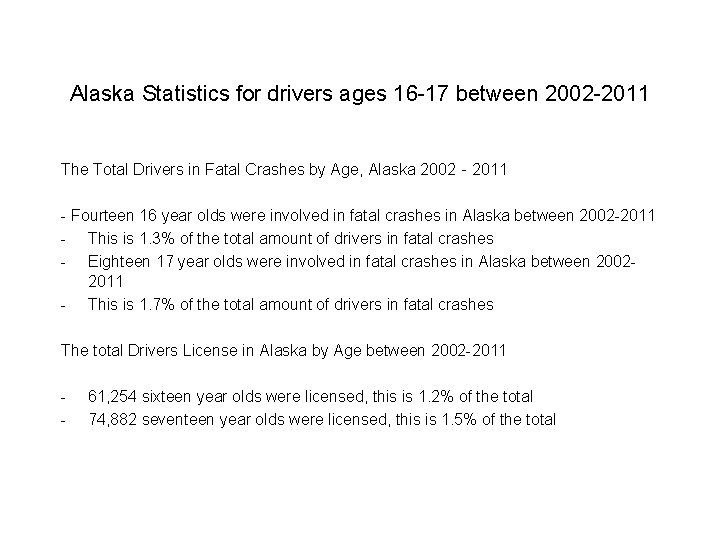 Alaska Statistics for drivers ages 16 -17 between 2002 -2011 The Total Drivers in