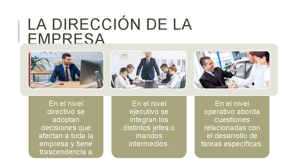 LA DIRECCIÓN DE LA EMPRESA En el nivel directivo se adoptan decisiones que afectan