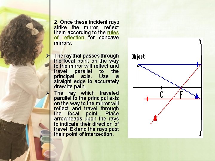 2. Once these incident rays strike the mirror, reflect them according to the rules