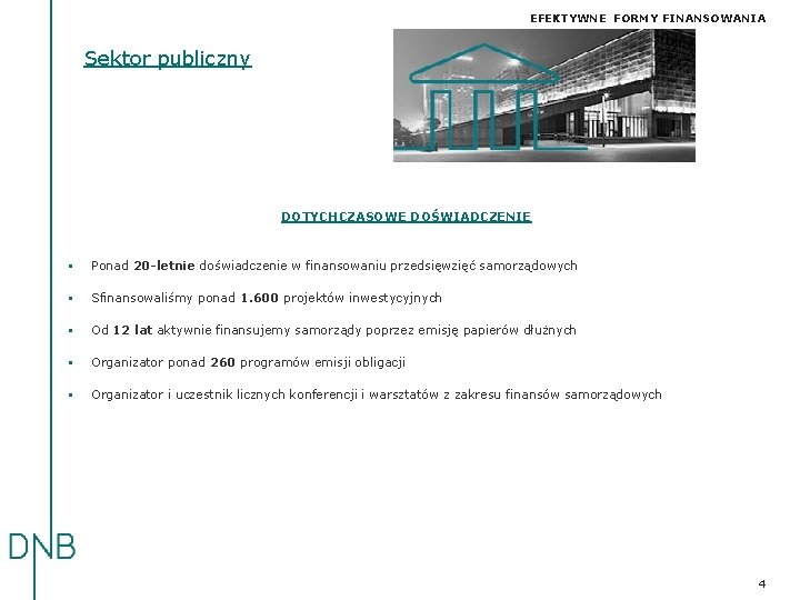 EFEKTYWNE FORMY FINANSOWANIA Sektor publiczny DOTYCHCZASOWE DOŚWIADCZENIE § Ponad 20 -letnie doświadczenie w finansowaniu