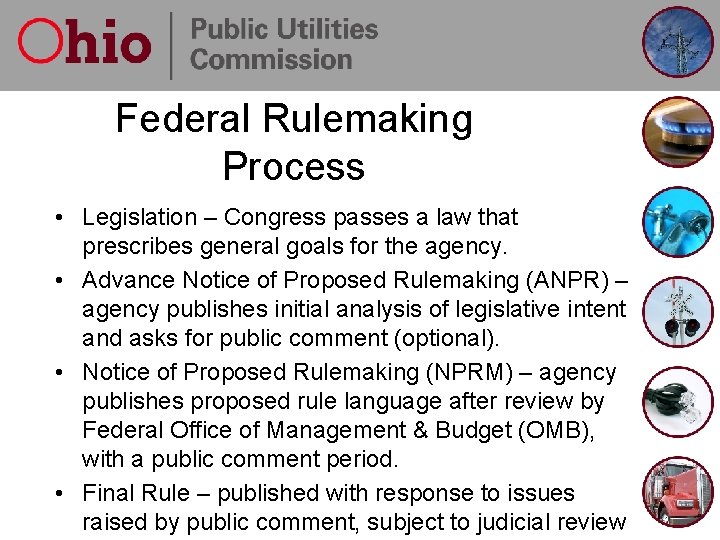 Federal Rulemaking Process • Legislation – Congress passes a law that prescribes general goals