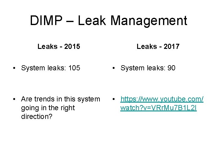 DIMP – Leak Management Leaks - 2015 Leaks - 2017 • System leaks: 105