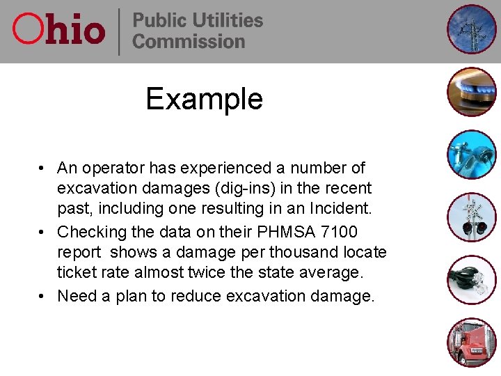 Example • An operator has experienced a number of excavation damages (dig-ins) in the