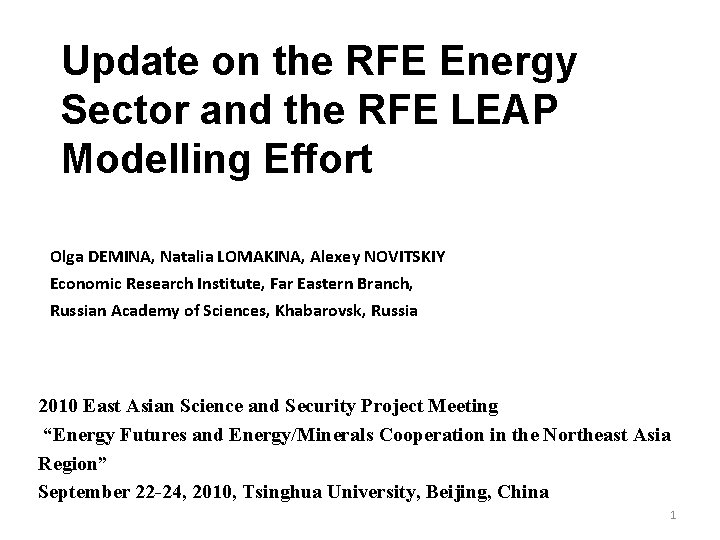 Update on the RFE Energy Sector and the RFE LEAP Modelling Effort Olga DEMINA,