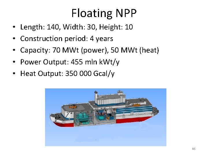Floating NPP • • • Length: 140, Width: 30, Height: 10 Construction period: 4