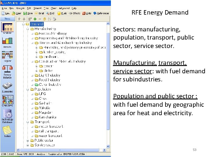 RFE Energy Demand Sectors: manufacturing, population, transport, public sector, service sector. Manufacturing, transport, service