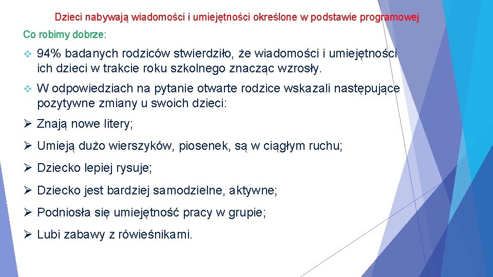 Dzieci nabywają wiadomości i umiejętności określone w podstawie programowej Co robimy dobrze: v 94%