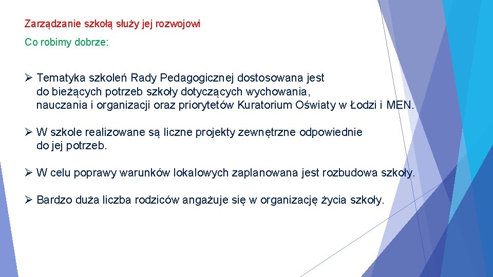 Zarządzanie szkołą służy jej rozwojowi Co robimy dobrze: Ø Tematyka szkoleń Rady Pedagogicznej dostosowana