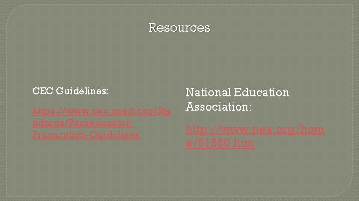 Resources CEC Guidelines: https: //www. cec. sped. org/Sta ndards/Paraeducator. Preparation-Guidelines National Education Association: http: