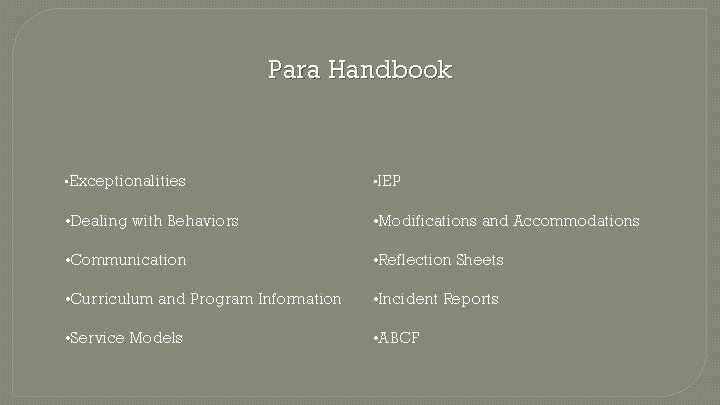 Para Handbook • Exceptionalities • IEP • Dealing with Behaviors • Modifications and Accommodations