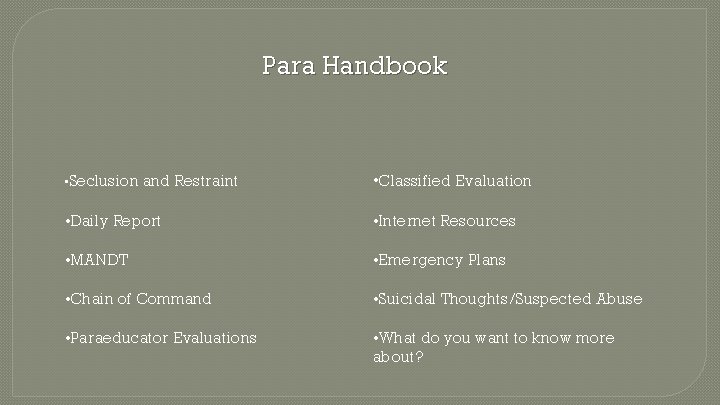 Para Handbook • Seclusion and Restraint • Classified Evaluation • Daily Report • Internet