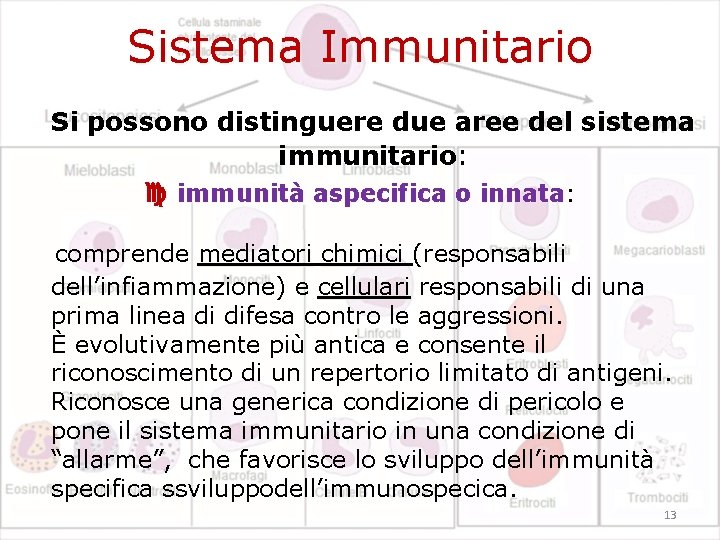 Sistema Immunitario Si possono distinguere due aree del sistema immunitario: immunità aspecifica o innata: