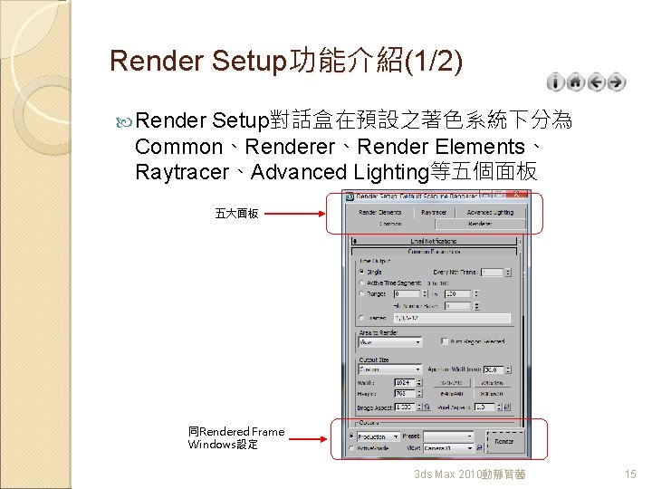 Render Setup功能介紹(1/2) Render Setup對話盒在預設之著色系統下分為 Common、Renderer、Render Elements、 Raytracer、Advanced Lighting等五個面板 五大面板 同Rendered Frame Windows設定 3 ds