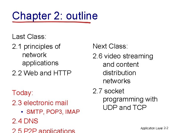 Chapter 2: outline Last Class: 2. 1 principles of network applications 2. 2 Web