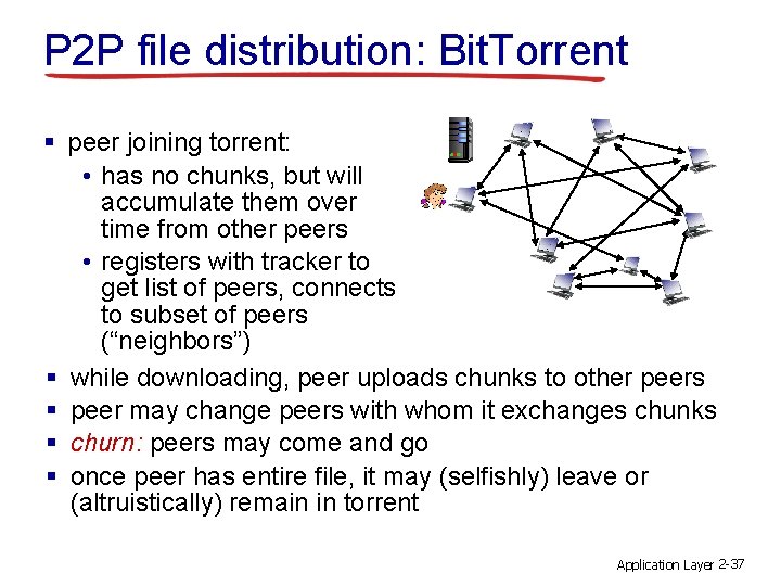 P 2 P file distribution: Bit. Torrent § peer joining torrent: • has no