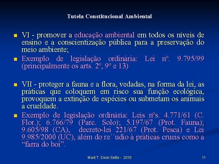 Tutela Constitucional Ambiental n n VI - promover a educação ambiental em todos os