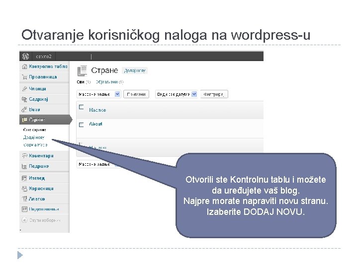 Otvaranje korisničkog naloga na wordpress-u Otvorili ste Kontrolnu tablu i možete da uređujete vaš