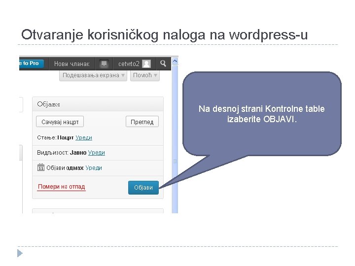 Otvaranje korisničkog naloga na wordpress-u Na desnoj strani Kontrolne table izaberite OBJAVI. 