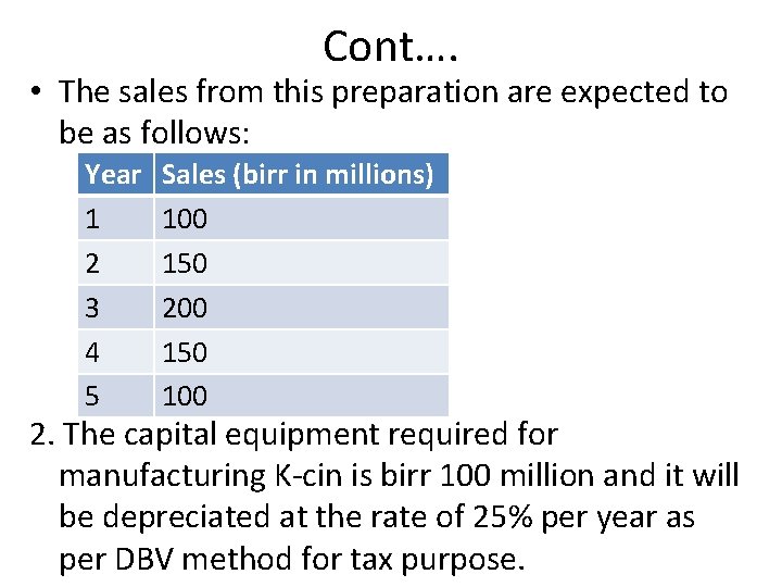 Cont…. • The sales from this preparation are expected to be as follows: Year