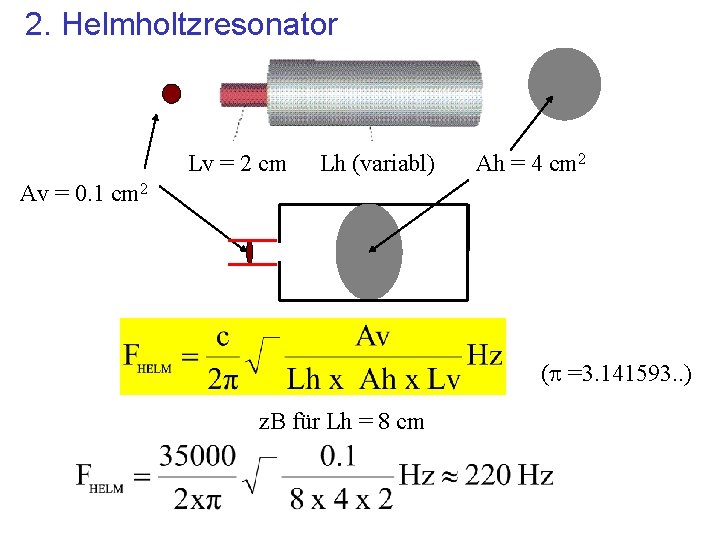 2. Helmholtzresonator Lv = 2 cm Lh (variabl) Ah = 4 cm 2 Av