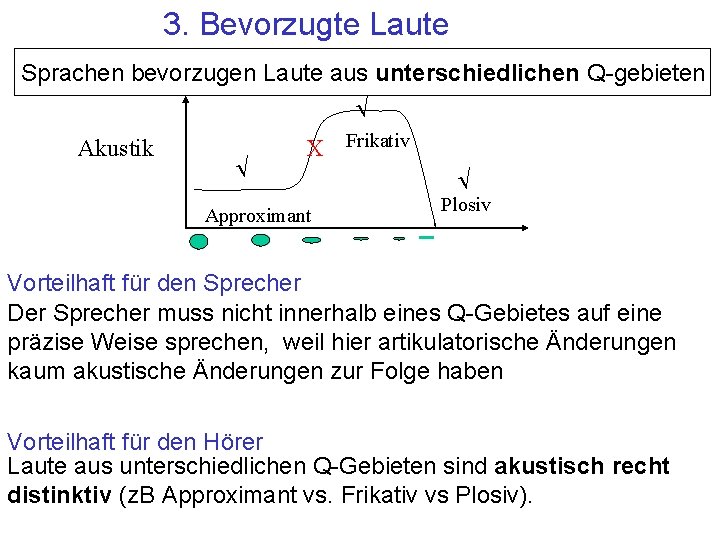 3. Bevorzugte Laute Sprachen bevorzugen Laute aus unterschiedlichen Q-gebieten Ö Akustik Ö X Frikativ