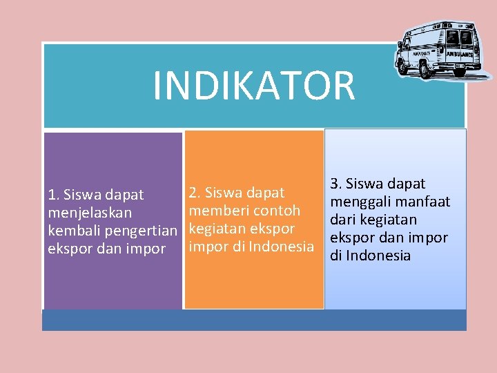 INDIKATOR 2. Siswa dapat 1. Siswa dapat memberi contoh menjelaskan kembali pengertian kegiatan ekspor