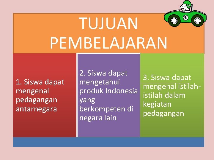 TUJUAN PEMBELAJARAN 1. Siswa dapat mengenal pedagangan antarnegara 2. Siswa dapat mengetahui produk Indonesia