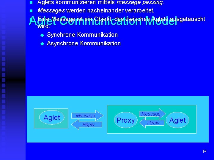 n n Aglets kommunizieren mittels message passing. Messages werden nacheinander verarbeitet. Eine Message ist