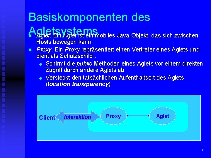 Basiskomponenten des Agletsystems Aglet. Ein Aglet ist ein mobiles Java-Objekt, das sich zwischen n