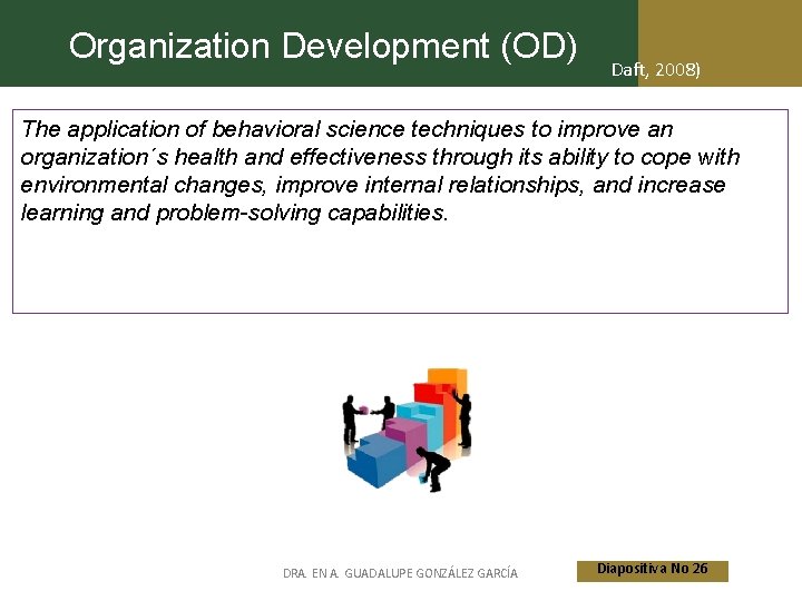 Organization Development (OD) Daft, 2008) The application of behavioral science techniques to improve an