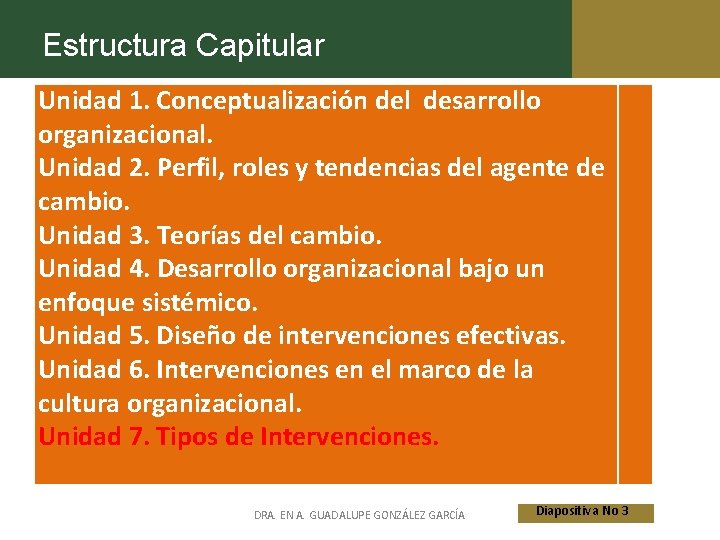 Estructura Capitular Unidad 1. Conceptualización del desarrollo organizacional. Unidad 2. Perfil, roles y tendencias