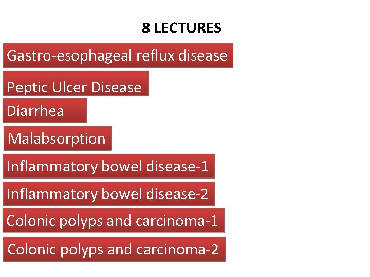 8 LECTURES Gastro-esophageal reflux disease Peptic Ulcer Disease Diarrhea Malabsorption Inflammatory bowel disease-1 Inflammatory