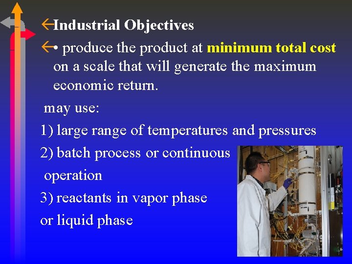 ßIndustrial Objectives ß • produce the product at minimum total cost on a scale