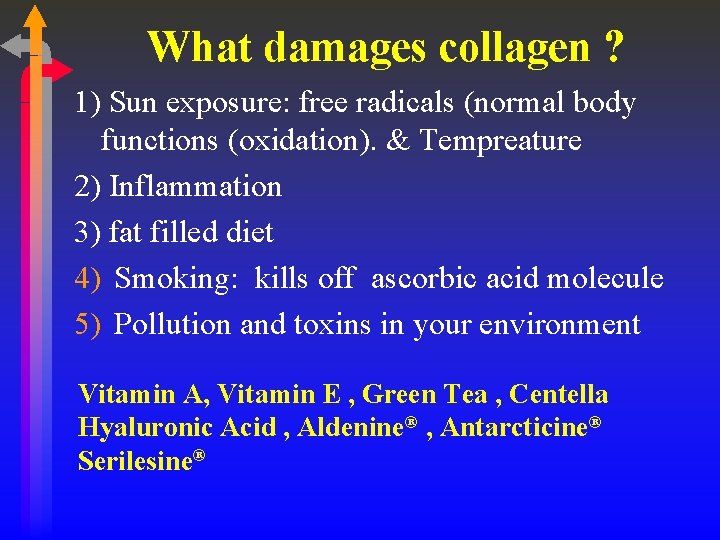 What damages collagen ? 1) Sun exposure: free radicals (normal body functions (oxidation). &