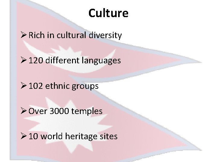 Culture Ø Rich in cultural diversity Ø 120 different languages Ø 102 ethnic groups