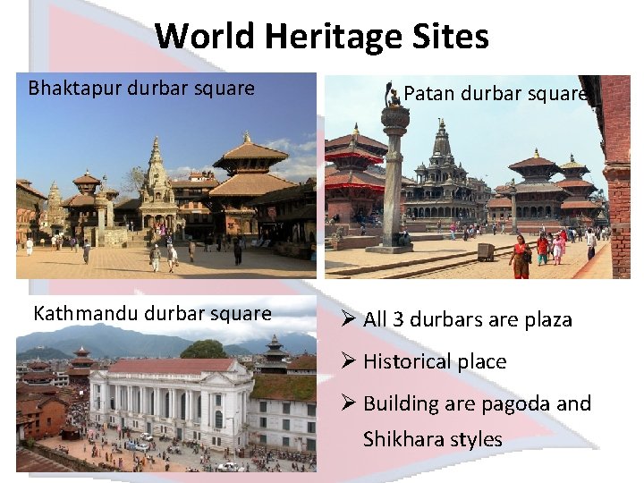 World Heritage Sites Bhaktapur durbar square Kathmandu durbar square Patan durbar square Ø All