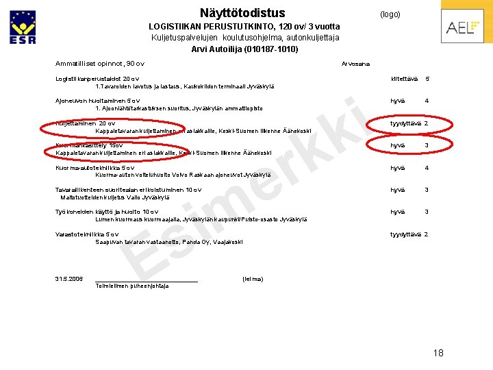 Näyttötodistus (logo) LOGISTIIKAN PERUSTUTKINTO, 120 ov/ 3 vuotta Kuljetuspalvelujen koulutusohjelma, autonkuljettaja Arvi Autoilija (010187