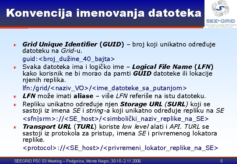 Konvencija imenovanja datoteka Grid Unique Identifier (GUID) – broj koji unikatno određuje datoteku na