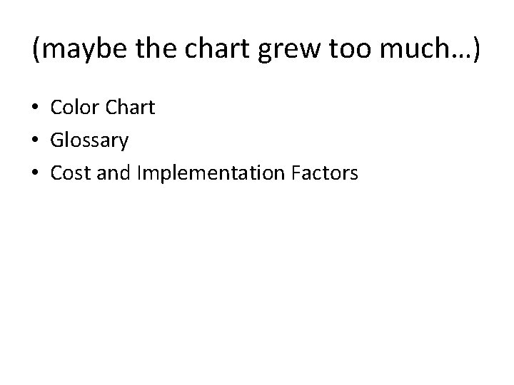 (maybe the chart grew too much…) • Color Chart • Glossary • Cost and
