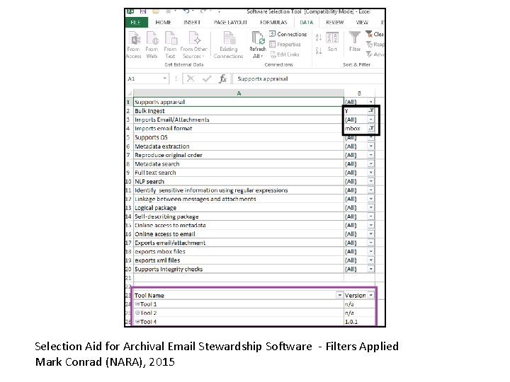 Selection Aid for Archival Email Stewardship Software - Filters Applied Mark Conrad (NARA), 2015